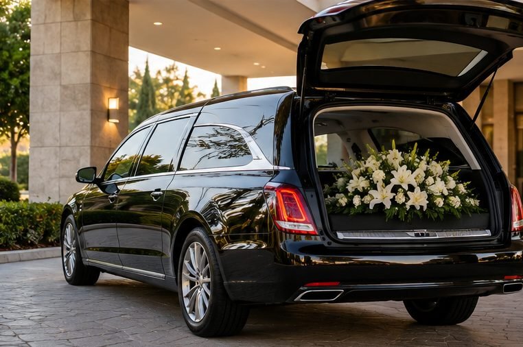 Imagem ilustrativa de veículo funerário preto com arranjo floral