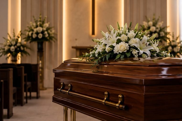 Imagem ilustrativa de cerimônia funerária com flores e urna